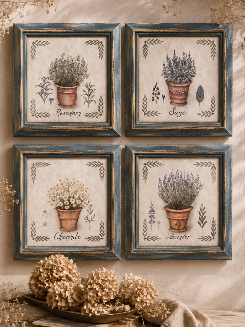 Set of 4 Vintage Watercolor French Country Herb Botanical Framed Prints